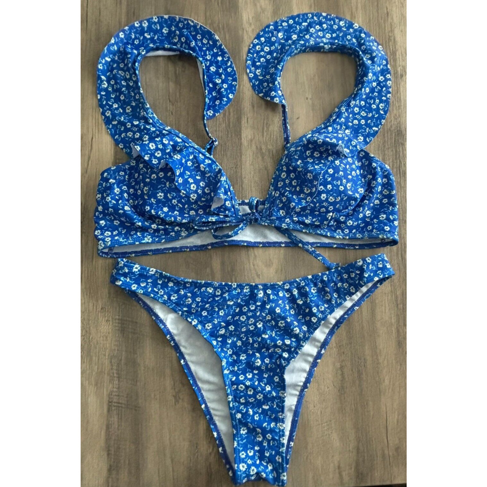 Women's Ruffled Straps Cheeky High Cut Bottom Blue White Flowers Bikini 2Pc Sz M